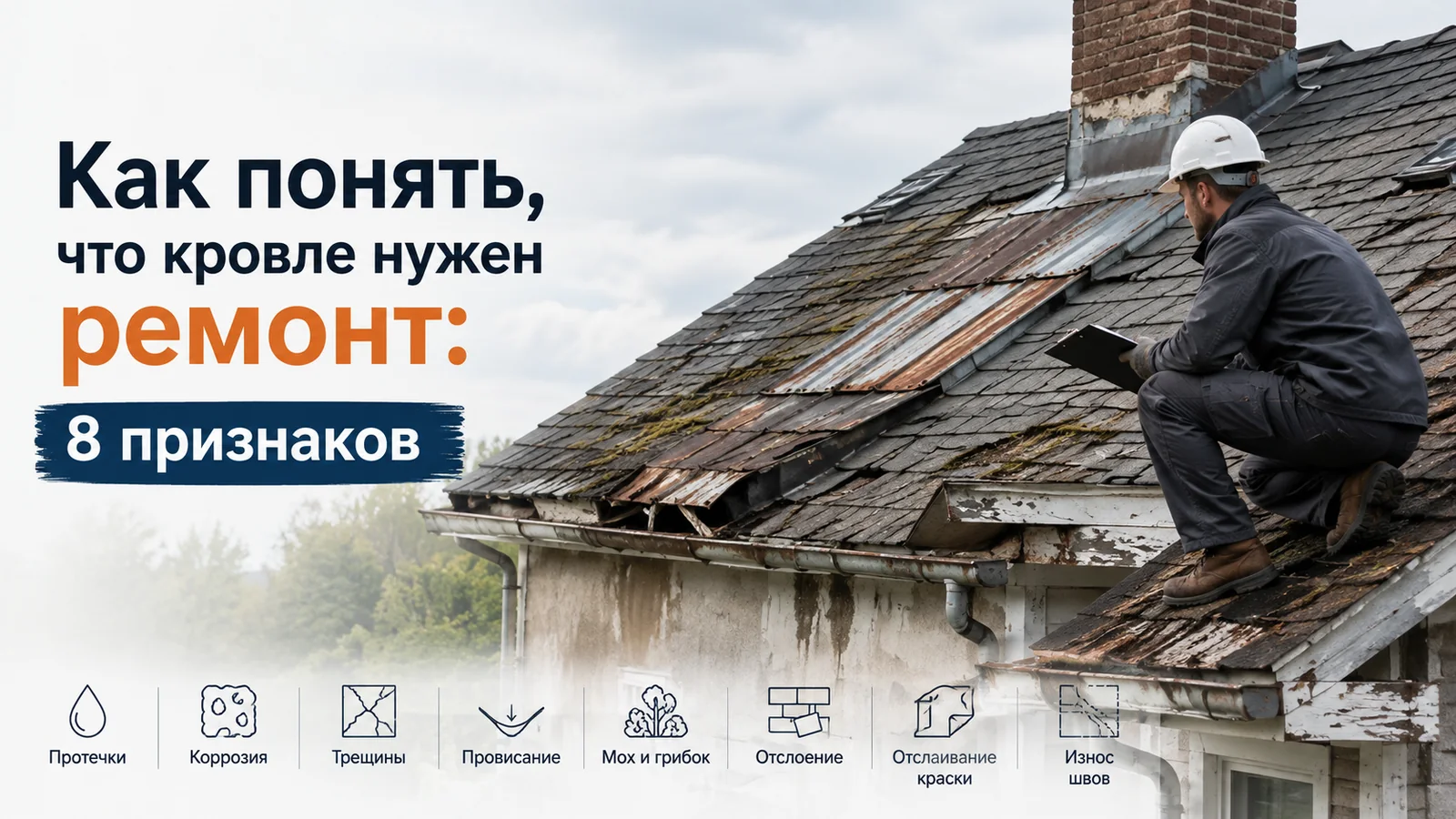Специалист осматривает изношенную кровлю с коррозией, трещинами и повреждёнными участками